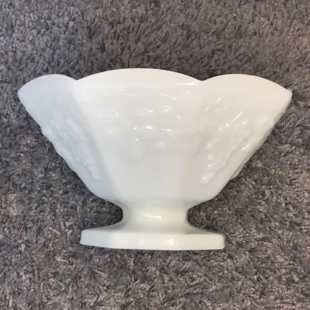 Vintage Anchor‎ Hocking Milk Glass Footed Fruit Bowl - Grape Vine Design - 9”